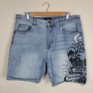 VTG Ed Hardy Shorts 36 Blue Denim Jean Death Before Dishonor Wide Leg Cutoff Y2K
